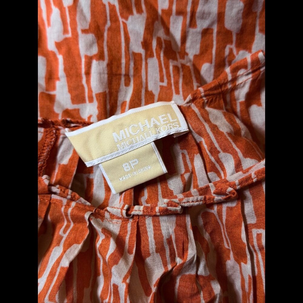 Michael Kors Popover Blouse Women’s 8 Petite Orange Geometric Short Sleeve 100% - Picture 5 of 6